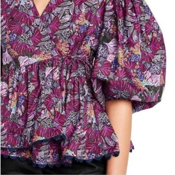 Kika Vargas x Target Purple Floral Cotton Coral Reef Scallop Edge Wrap Top - Picture 4 of 5